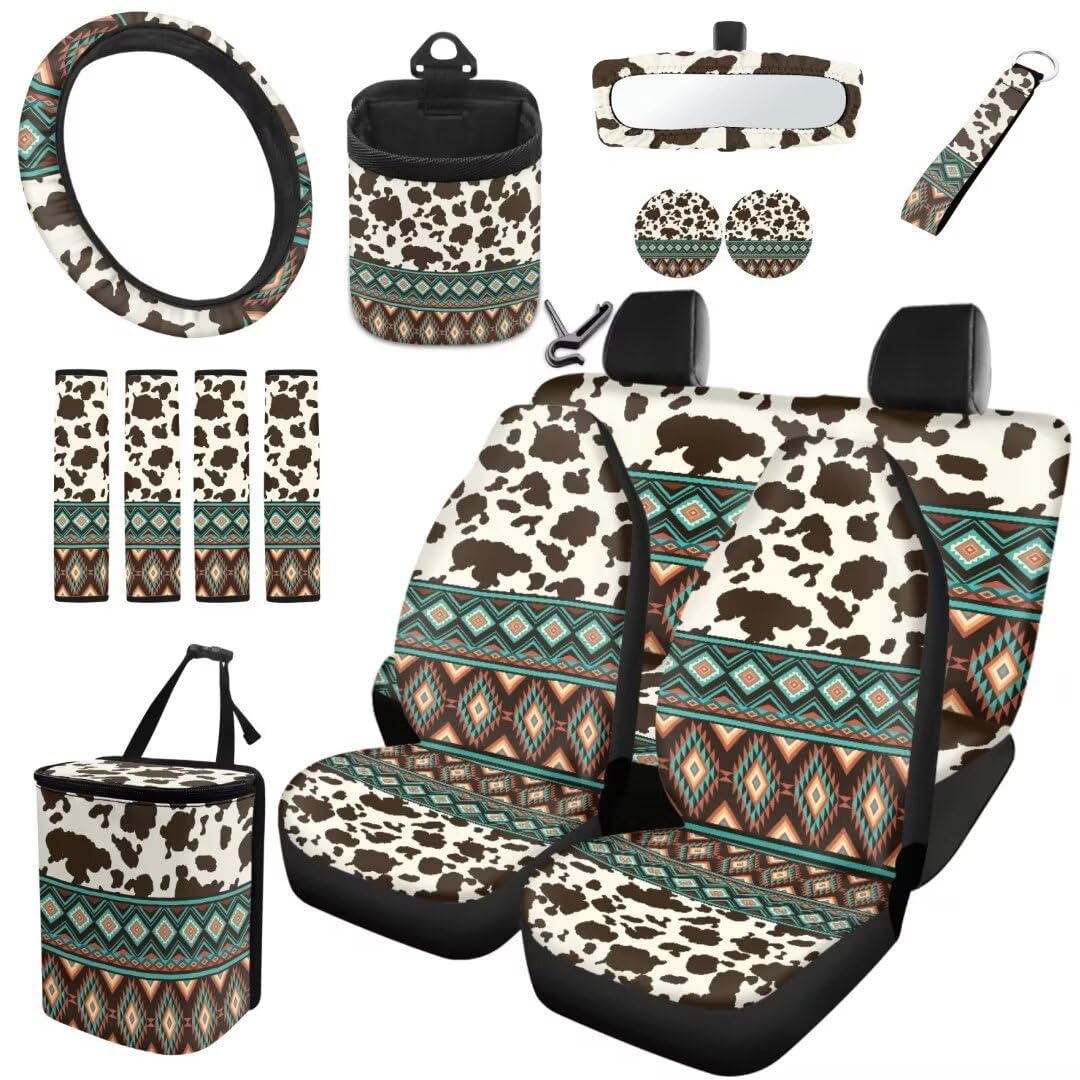 TOADDMOS Brown Kuh Spots Auto Sitzbezüge Set Auto Lenkradabdeckung Aztec Geometrie Air Vent Bag Sicherheitsgurt Pad Auto Cup Halter Untersetzer Schlüsselanhänger, Pack von 15 von TOADDMOS