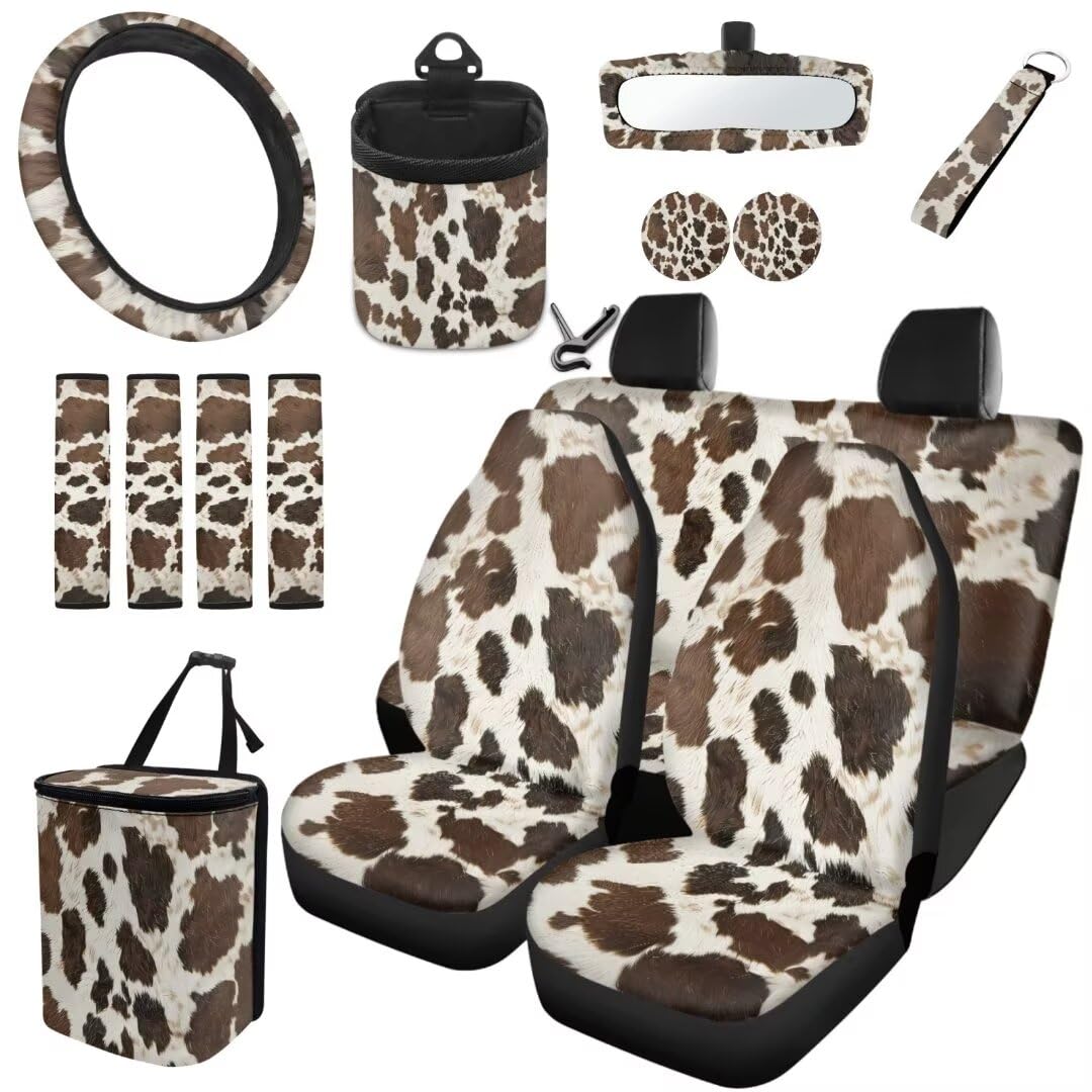 TOADDMOS Brown Kuh Spots Auto Sitzbezüge Set Lenkradabdeckungen Sicherheitsgurt Pads Air Vent Bag Auto Cup Halter Untersetzer Auto Müllbeutel Schlüsselanhänger,15 Stück Set von TOADDMOS