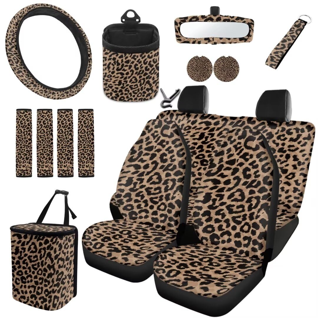 TOADDMOS Brown Leopard Print Autositzbezüge Full Set Lenkungsabdeckungen Gürtel Pads Hängen Mülleimer Air Vent Bag Auto Untersetzer Auto Cup Halter Untersetzer,15 Pack von TOADDMOS