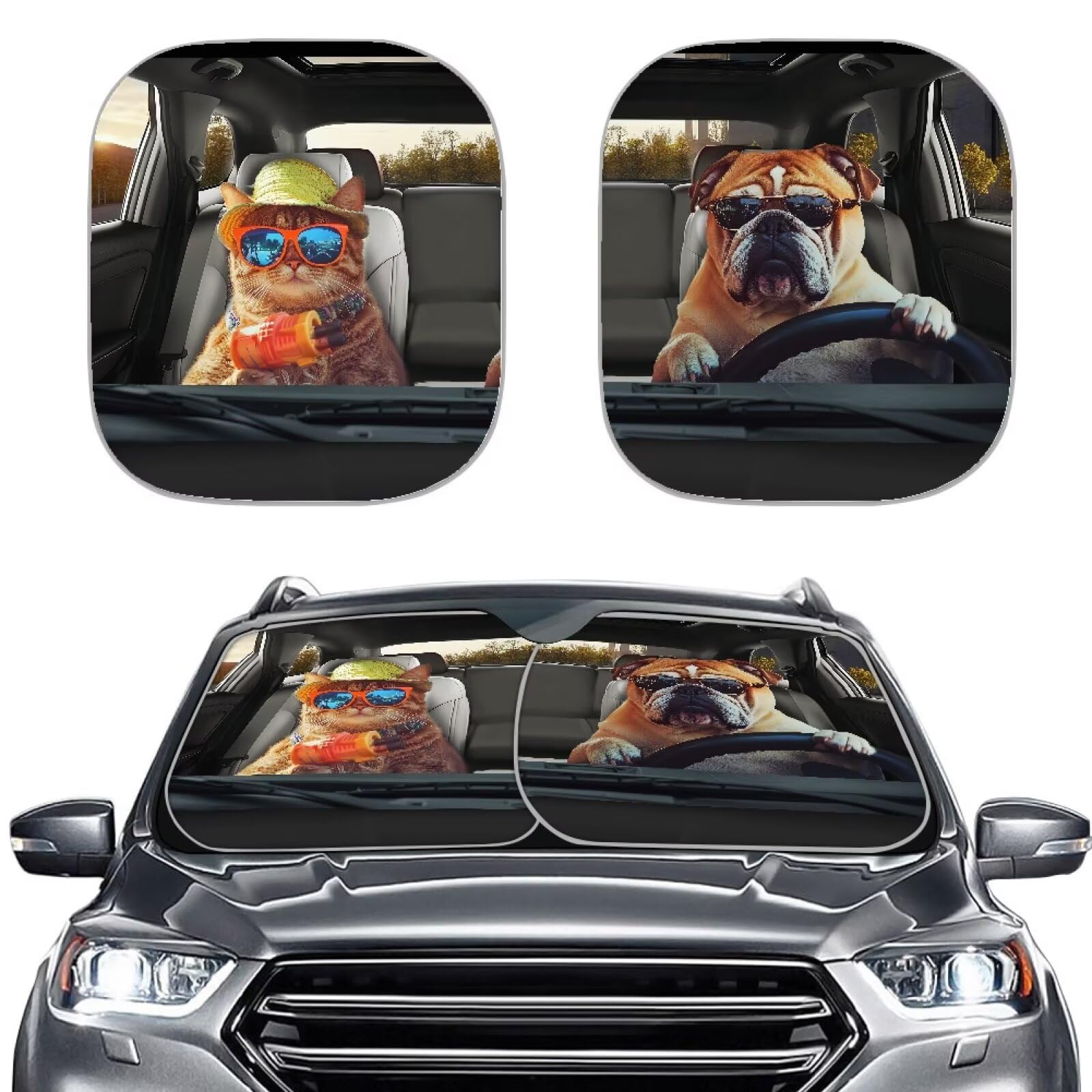 TOADDMOS Bulldog Fahrer und Katze Auto Schatten für Frontfenster UV-Strahlen Reflektor Schattenschutz für Frauen Mädchen Auto SUV Truck, 2 Stück Set von TOADDMOS