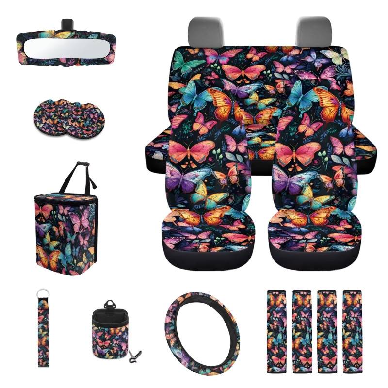 TOADDMOS Butterflies Autositzbezüge, komplettes Set mit Lenkradbezug, Gurtabdeckungen, Mülleimer, Lüftungsschlitzhalter, Rückspiegelbezug, Tassenuntersetzer, Schlüsselanhänger, Autozubehör, 15-teilig von TOADDMOS