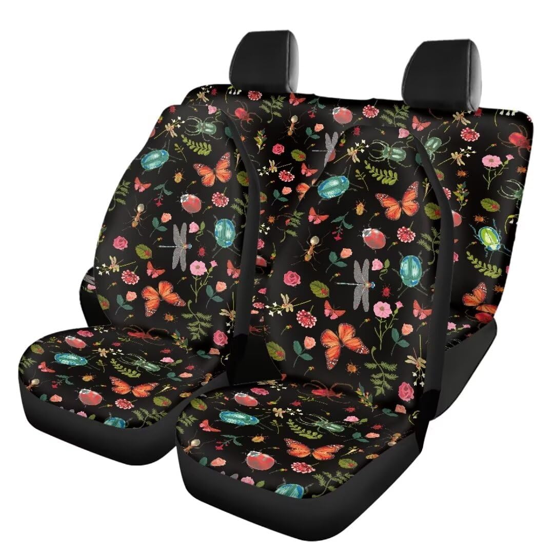 TOADDMOS Butterfly Dragonfly Auto Sitzbezüge Set Floral Flowers Front&Rear Sitzbezug Schmutzige Premium Polyester Sitzbezüge für Frauen Lady, 4-teiliges Set von TOADDMOS