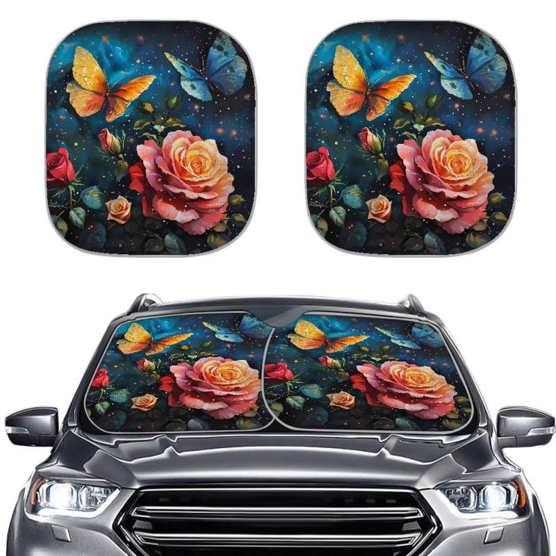 TOADDMOS Butterfly Rose Sonnenschirm für Auto Windschutzscheibe Galaxy Space Auto Sonnenschirme für Auto LKW SUV Limousine Universal Auto Windschutzscheibe Sonnenschirme Pack von 2 von TOADDMOS