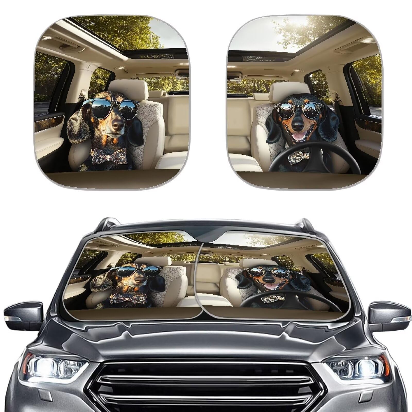 TOADDMOS Cool Dachshund Fahrer Auto Sonnenschirmen Set von 2 Sonnenschirm Visor Auto Sonnenschirmen Automobil Windschutzscheide Abdeckung, einfach zu lagern und zu verwenden von TOADDMOS