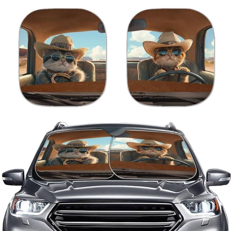 TOADDMOS Cowboy Cat Driver Auto Windschutzscheibe Sonnenschirme Lustige Auto Fenster Bildschirm Auto Sonnenschutz Sonnenschutz Sonnenschutz, einfach zu lagern und zu verwenden,2-teiliges Set von TOADDMOS