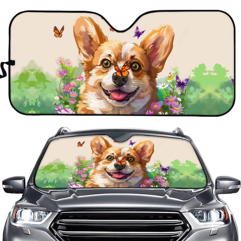 TOADDMOS Cute Corgi Hund Windschutzscheibe Sonnenschirm für Auto Truck & SUV Daisy Schmetterling Sonnenschirm Visor Sonnenschirm für Frontfenster Blöcke UV-Strahlen von TOADDMOS