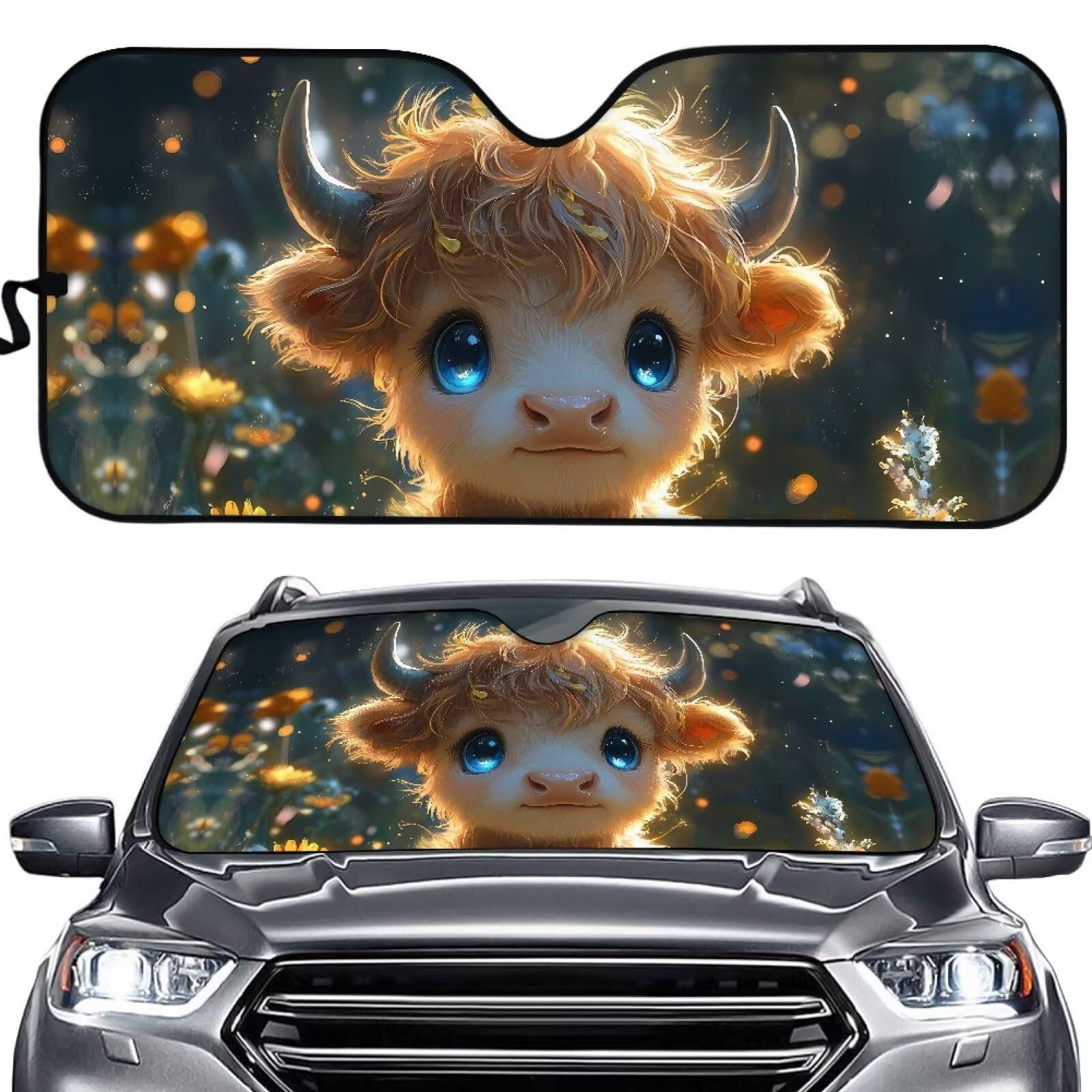 TOADDMOS Cute Highland Kuh Auto Windschutzscheibe Sonnenschirm Auto Schatten für Frontfenster Sonnenschirm Wärmeschutz Auto Sonnenschirm blockiert UV-Strahlen und hält Fahrzeug kühl von TOADDMOS