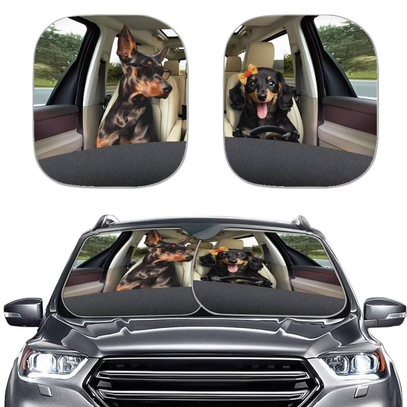 TOADDMOS Dachshunds Fahrer Windschutzscheibe Sonnenschirme für Auto Dobermann Pinscher Faltbarer Sonnenschutz Set von 2 UV Strahlen Reflektor Schatten, der Ihr Fahrzeug kühl hält von TOADDMOS