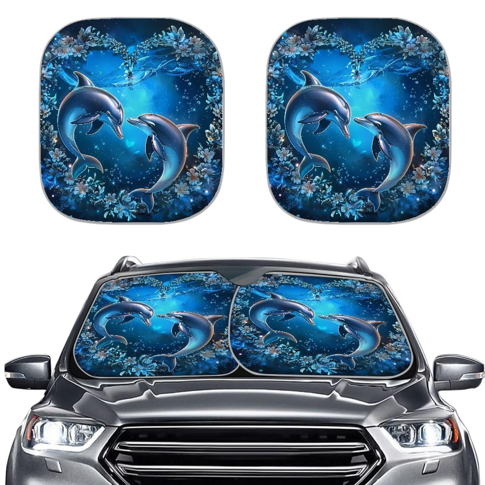 TOADDMOS Delphin Herz Auto Sonnenschutz Floral Blumen Universal Reflektierende Auto Displayschutz für Auto LKW SUV Sedan Sonnenschutz Visier von TOADDMOS