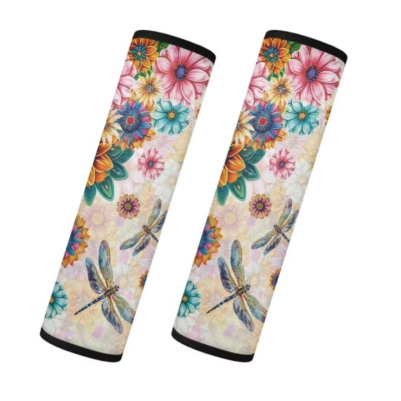 TOADDMOS Dragonfly Sicherheitsgurt Abdeckungen Boho Floral Blossom Bequeme Autositz Schultergurt Pads Fluffy Auto Sicherheitsgurt Pads Universal Fit für Fahrzeuge,2-teiliges Set von TOADDMOS