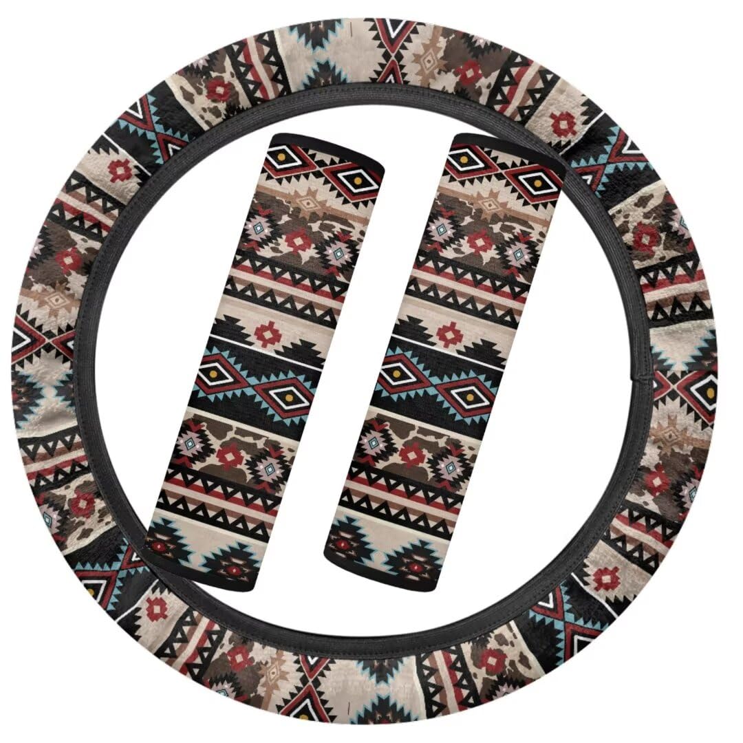 TOADDMOS Erwachsene Aztec Tribal Lenkradabdeckung und Sicherheitsgurt Abdeckungen Warm Cozy Ethnic Style Auto Lenkrad Zubehör, Winter Auto Innenausstattung von TOADDMOS