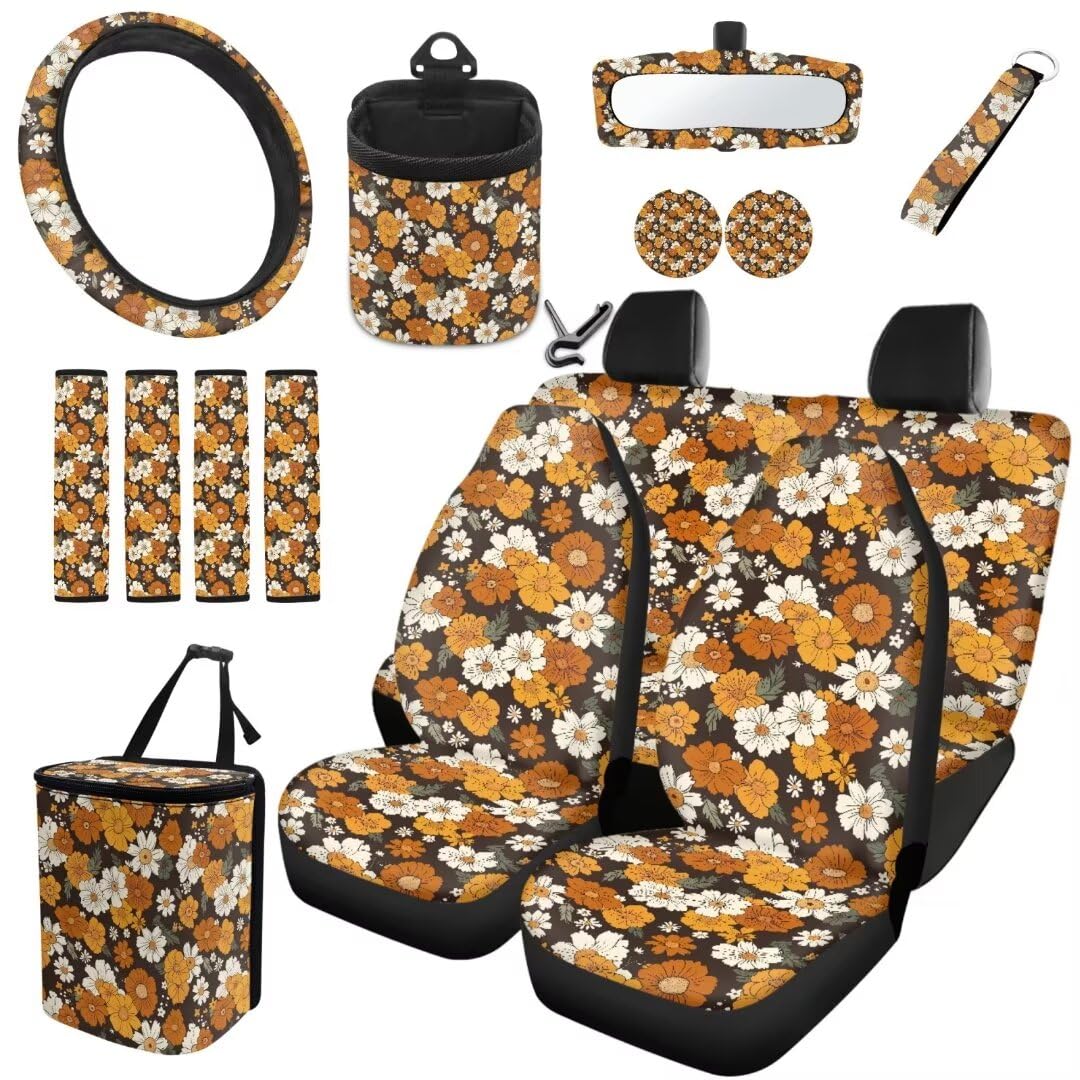 TOADDMOS Fall Daisy Universal Sitzbezüge für Autos Blumen Lenkradabdeckungen Auto Müllbeutel Air Vent Aufhängshalter Auto Untersetzer Sicherheitsgurt Gurt Pads Schlüsselanhänger,15 Stück Set von TOADDMOS