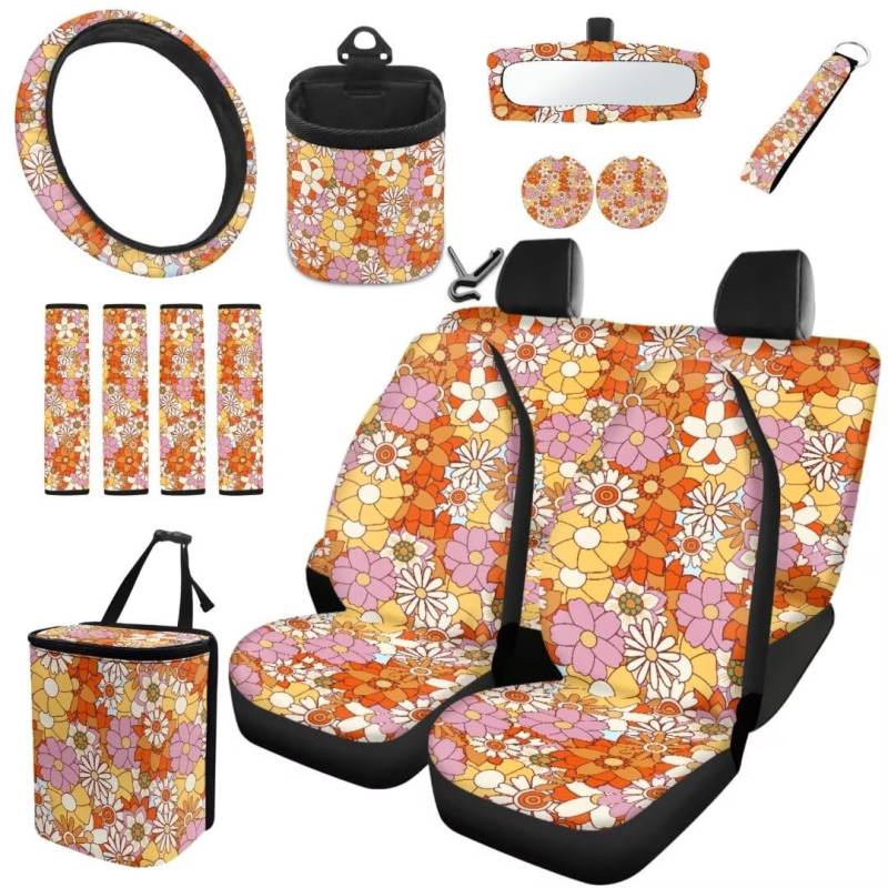 TOADDMOS Fall Floral Blumen Auto Innenraum Sitzbezug Set Lenkradabdeckungen Sicherheitsgurt Pad Universal Mülleimer Air Vent Aufhängshalter Auto Untersetzer Handgelenk Schlüsselanhänger, Satz 15 von TOADDMOS