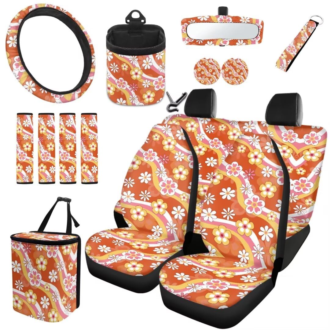 TOADDMOS Fall Floral Wave Auto Innenraum Sitzbezug Set von 15 Sicherheitsgurt Gurt Pads Air Vent Befestigungshalter Handgelenk Schlüsselanhänger Auto Lenkrad Abdeckung Müllbeutel Auto Untersetzer von TOADDMOS