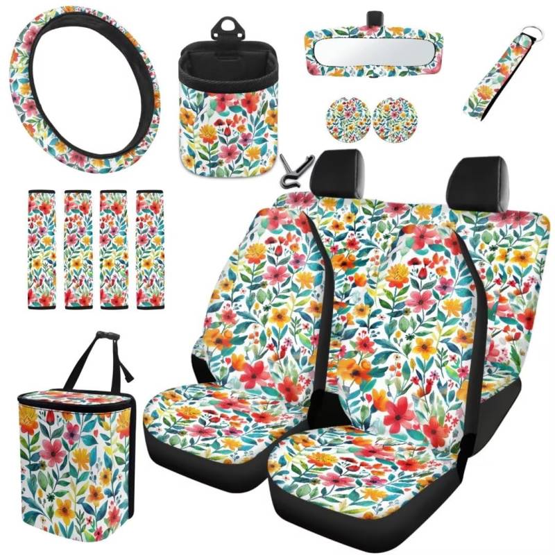 TOADDMOS Farbe Floral Fahrzeug Innenraum Abdeckungen Blumen Lenkrad Schutz Auto Müllbeutel Air Vent Aufbewahrungshalter Schlüsselanhänger Sicherheitsgurt Pads Auto Cup Matte,15 Stück Set von TOADDMOS