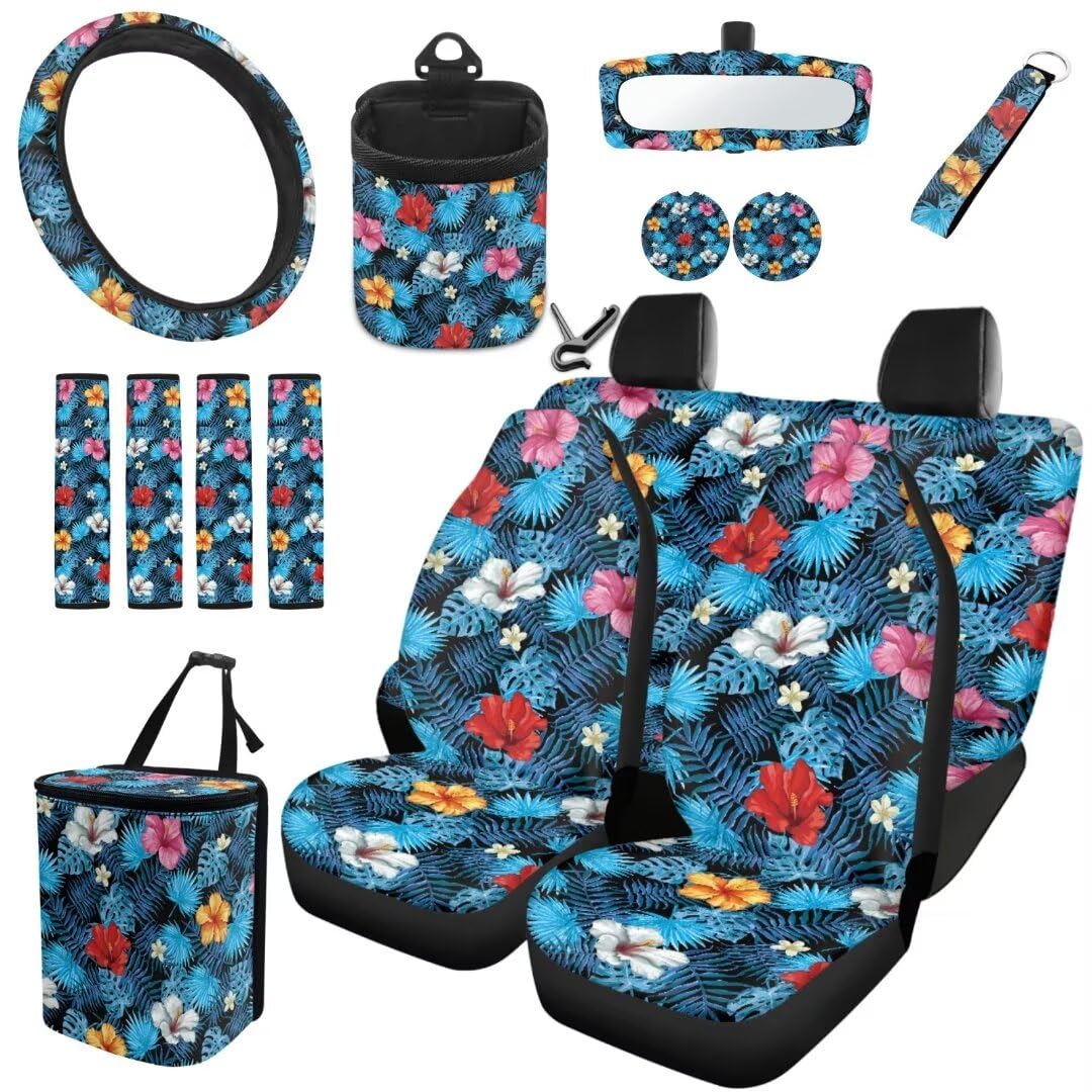 TOADDMOS Farbe Hibiskus Satteldecke Autositzbezüge Voller Satz 15-Blauer Palmenblatt Auto Müllbeutel Air Vent Bag Auto Cup Halter Einsatz Untersetzer Handgelenk Schlüsselbund Belt Pads Lenkradbezüge von TOADDMOS