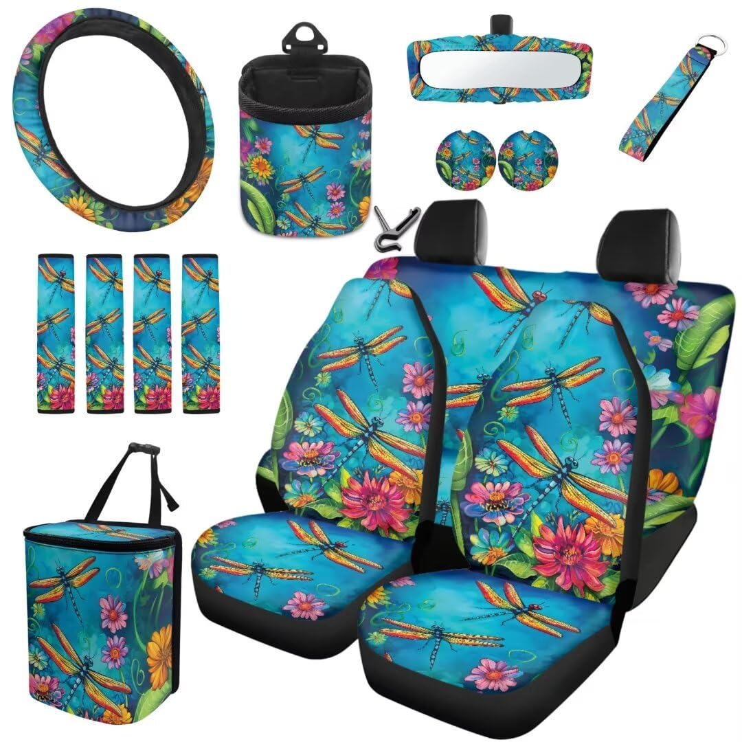 TOADDMOS Floral Dragonfly Auto Innenraum Sitzbezug Set Lenkrad Protektor Gürtel Pads Auto Müllbeutel Air Vent Aufhängestasche Auto Cup Halter Untersetzer Lanyard Schlüsselanhänger,15 Stück Set von TOADDMOS