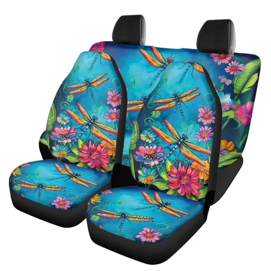 TOADDMOS Floral Dragonfly Auto Innenraum Sitzbezug Set Rosa Daisy Vordersitzbezüge für Autos mit Split Hinterbank Rücksitz Abdeckung rutschfeste Premium Polyester Sitzbezüge, Auto Dekor von TOADDMOS