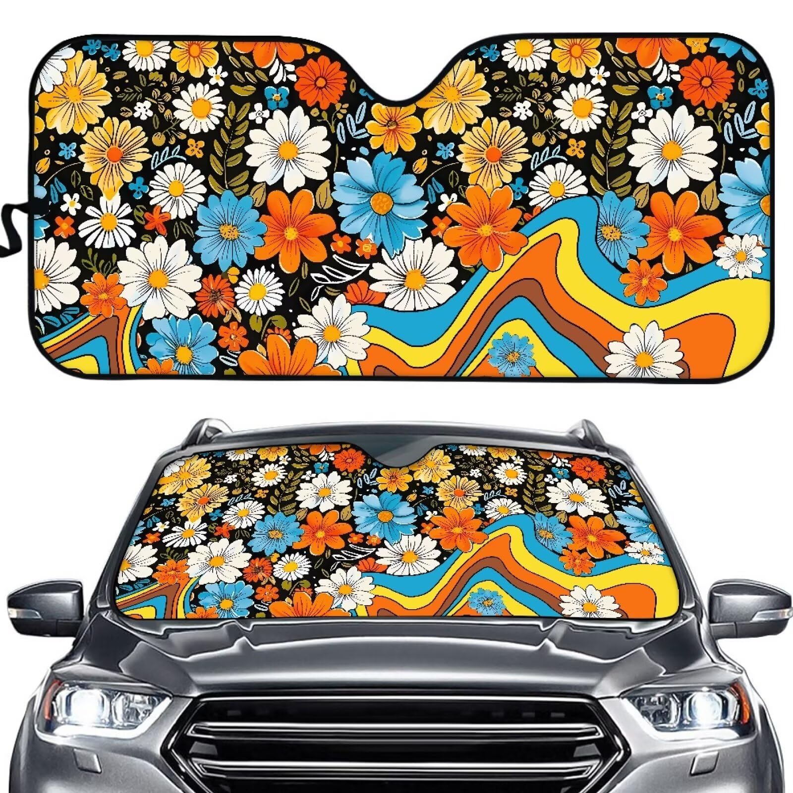 TOADDMOS Floral Flowers Wave Auto Windschutzscheibe Sonnenschutz Universal Reflektierende Auto Displayschutz Auto Innenraum Zubehör für Sonnenwärme Sonnenschutz Visier von TOADDMOS