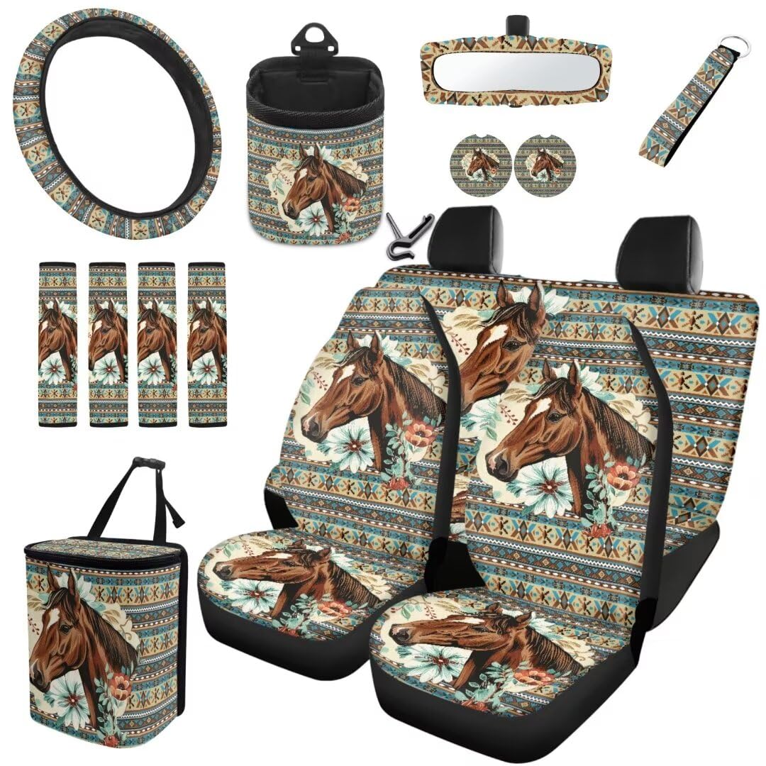 TOADDMOS Floral Pferd Auto Sitzbezüge Set Aztec Tribal Sicherheitsgurt Pads Air Vent Aufbewahrungstasche Auto Lenkradabdeckung Handgelenk Schlüsselanhänger Auto Cup Matte, 15 Stück Set von TOADDMOS