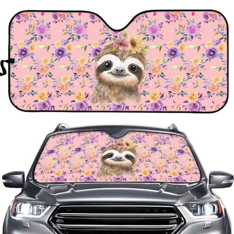 TOADDMOS Floral Sloth Car Windschutzscheibe Sonnenschutz Tinte Rose Frontfenster Schild Klappbares Automobil Interieur Zubehör für Sonnenschutz von TOADDMOS