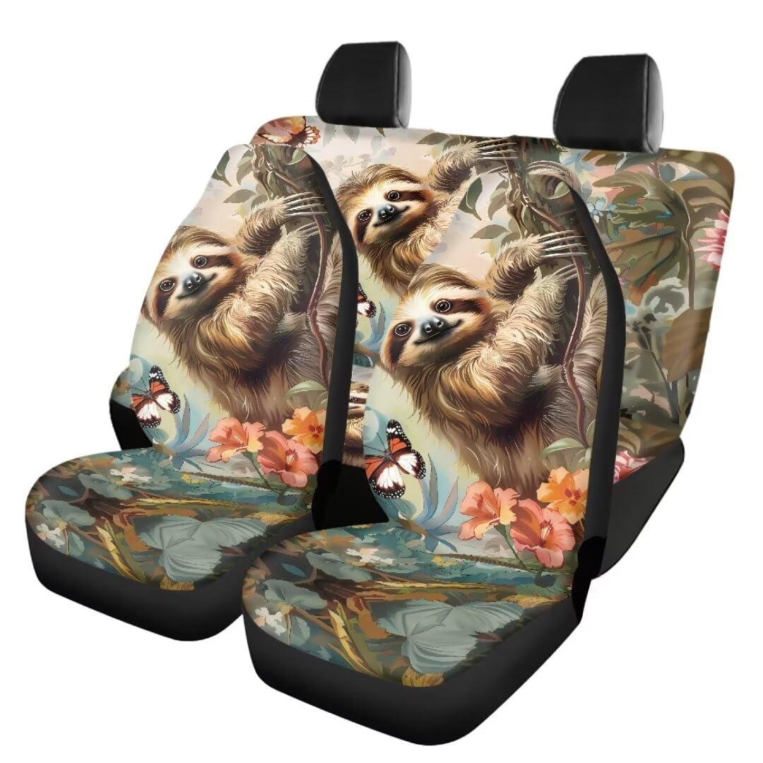 TOADDMOS Forest Sloth Auto Innenraum Sitzbezug Set Floral Butterfly Vordersitze und hintere Sitzbezüge rutschfeste Auto Innenbezüge für Auto LKW Van SUV, Pack von 4 von TOADDMOS