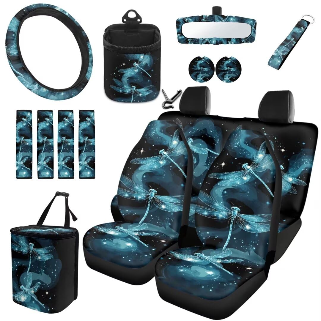 TOADDMOS Galaxy Space Dragonfly Auto Sitzbezüge Set Lenkradabdeckung Sicherheitsgurt Pads Auto Untersetzer Auto Mülleimer Schlüsselanhänger Air Vent Aufhängestasche Schlüsselanhänger,15 Stück Set von TOADDMOS