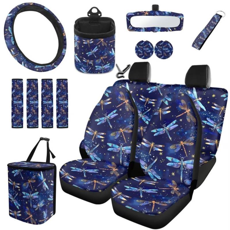 TOADDMOS Galaxy Space Dragonfly Automotive Universal Sitzbezüge Set Belt Pads Auto Lenkradabdeckung Auto Mülleimer Air Vent Bag Auto Cup Mat Schlüsselanhänger, Pack von 15 von TOADDMOS