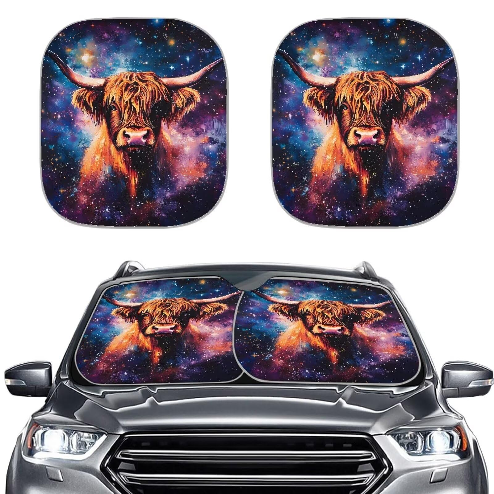 TOADDMOS Galaxy Space Highland Cow Car Shades für Frontfenster Faltbare Sonnenblende Set von 2 Auto Windschutzscheibe Abdeckung, einfach zu speichern und zu verwenden von TOADDMOS