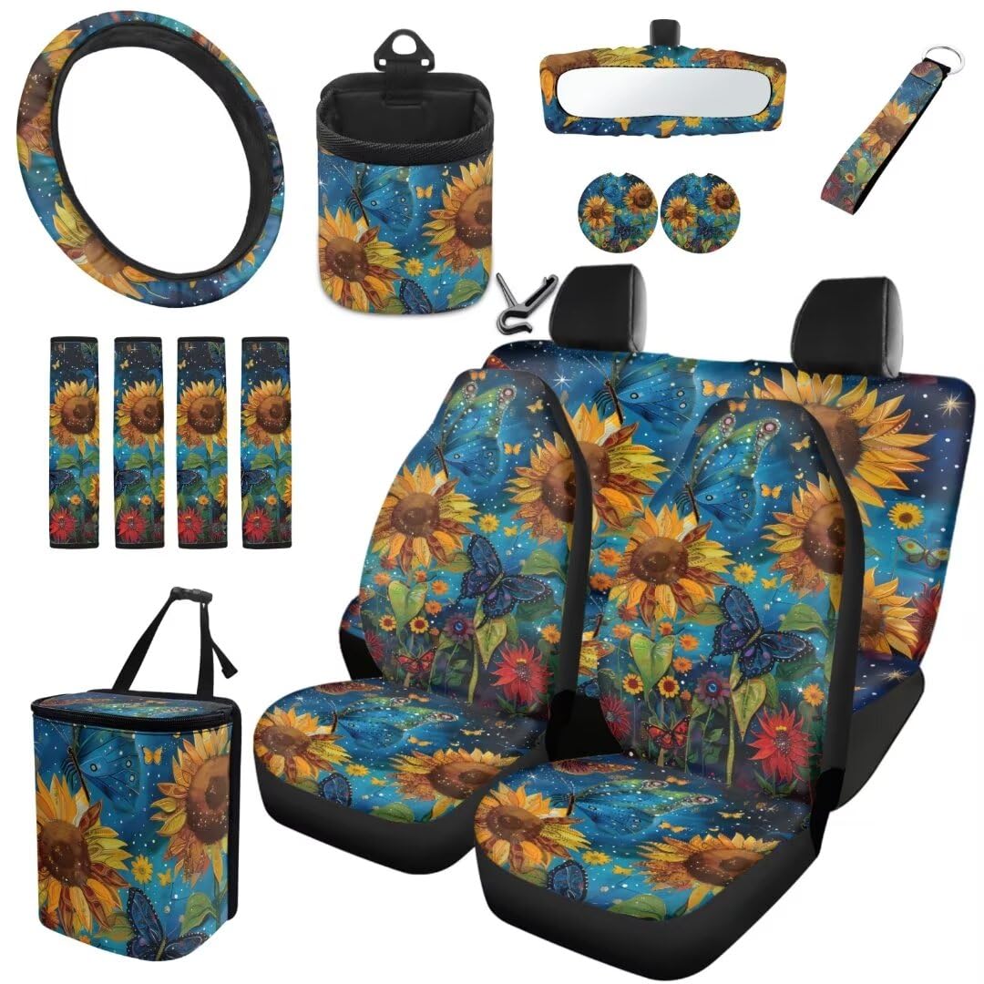 TOADDMOS Galaxy Space Satteldecke Autositzbezüge Voller Satz 15 Sonnenblume Schmetterling Auto Müllbeutel Auto Lenkradabdeckung Auto Cup Matte Matte Coaster Air Vent Bag Sicherheitsgurt Pads von TOADDMOS