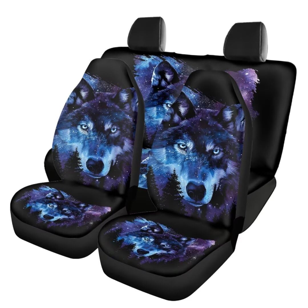 TOADDMOS Galaxy Space Wolf Satteldecke Autositzbezüge Full Set Vorderer Rücksitz Protektor Schmutzige Proof Satteldecke Sitzbezüge Universal Fit Innenbezüge für die meisten Autos,Pack von 4 von TOADDMOS