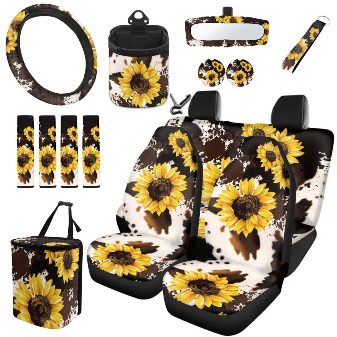 TOADDMOS Gelbe Sonnenblume Auto Fahrzeug Innenraum Abdeckungen Set Braun Kuh Flecken Lenkrad Abdeckungen Sicherheitsgurt Kissen Pad Auto Mülleimer Air Vent Bag Auto Cup Mat Schlüsselanhänger,15 Pcs von TOADDMOS