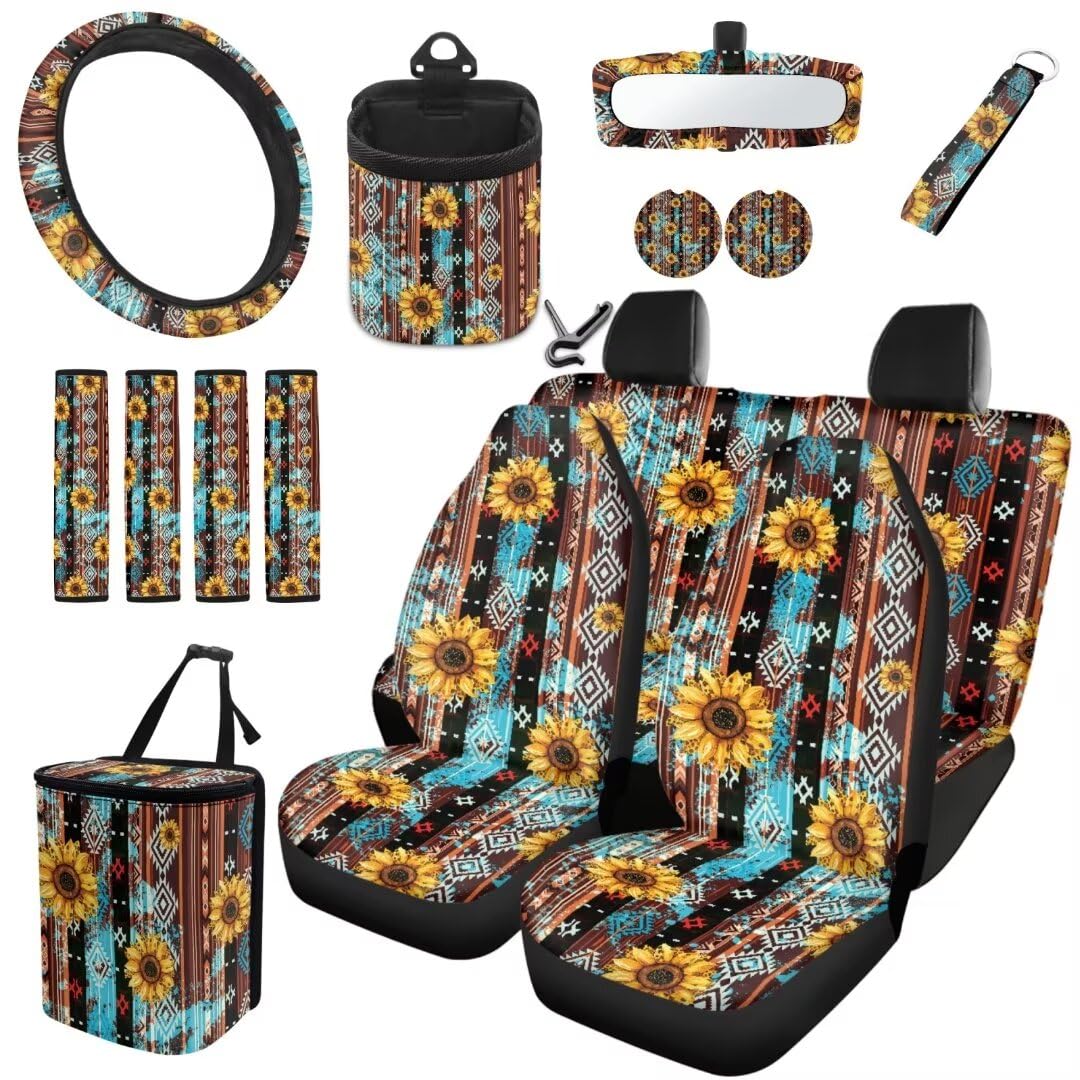 TOADDMOS Gelbe Sonnenblume Auto Sitzbezüge Set Aztec Lenkbezüge Hängende Mülleimer Auto Cup Matte Handgelenk Schlüsselanhänger Sicherheitsgurt Gurt Pads Air Vent Aufbewahrungstasche,15 Stück Set von TOADDMOS