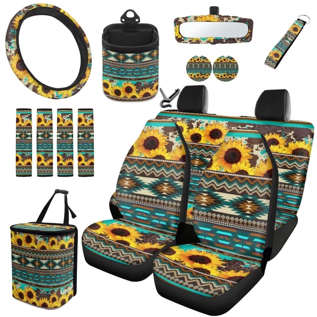 TOADDMOS Gelbe Sonnenblume Auto Sitzbezüge Set Lenkradabdeckungen Aztec Tribal Sicherheitsgurt Pads Auto Müllbeutel Air Vent Bag Auto Cup Halter Untersetzer Schlüsselanhänger,15 Stück Set von TOADDMOS