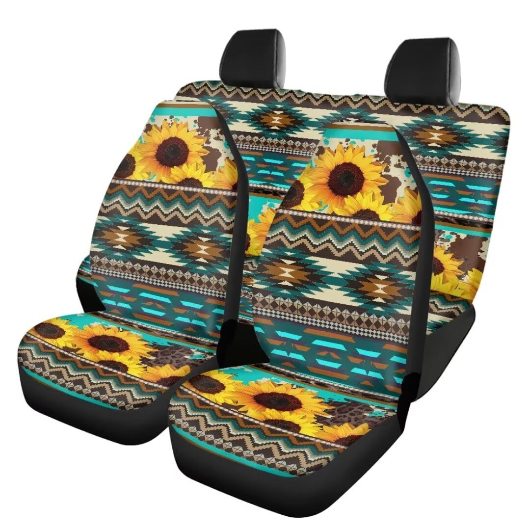 TOADDMOS Gelbe Sonnenblume Automobil Sitzbezüge Set Aztec Tribal Vordersitzbezug und hintere Split Bank Schutz Full Wrapping Edge Universal Fit Innenbezüge für die meisten Autos von TOADDMOS