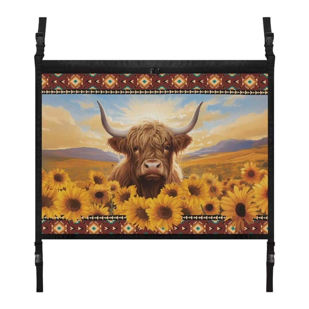 TOADDMOS Gelbe Sonnenblume Hochland Kuh Frachtnetz für Innen Auto Dach Aztec Tribal 31.69"x24.02" Fahrzeug Frachtnetz, Lange Road Trip Essentials von TOADDMOS