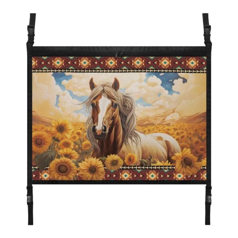 TOADDMOS Gelbe Sonnenblume Pferd Frachtnetz für Auto Decke Aztec Tribal Fracht Speicher Netz 31.69"x24.02" Auto Dachnetz, SUV Camping Zubehör von TOADDMOS