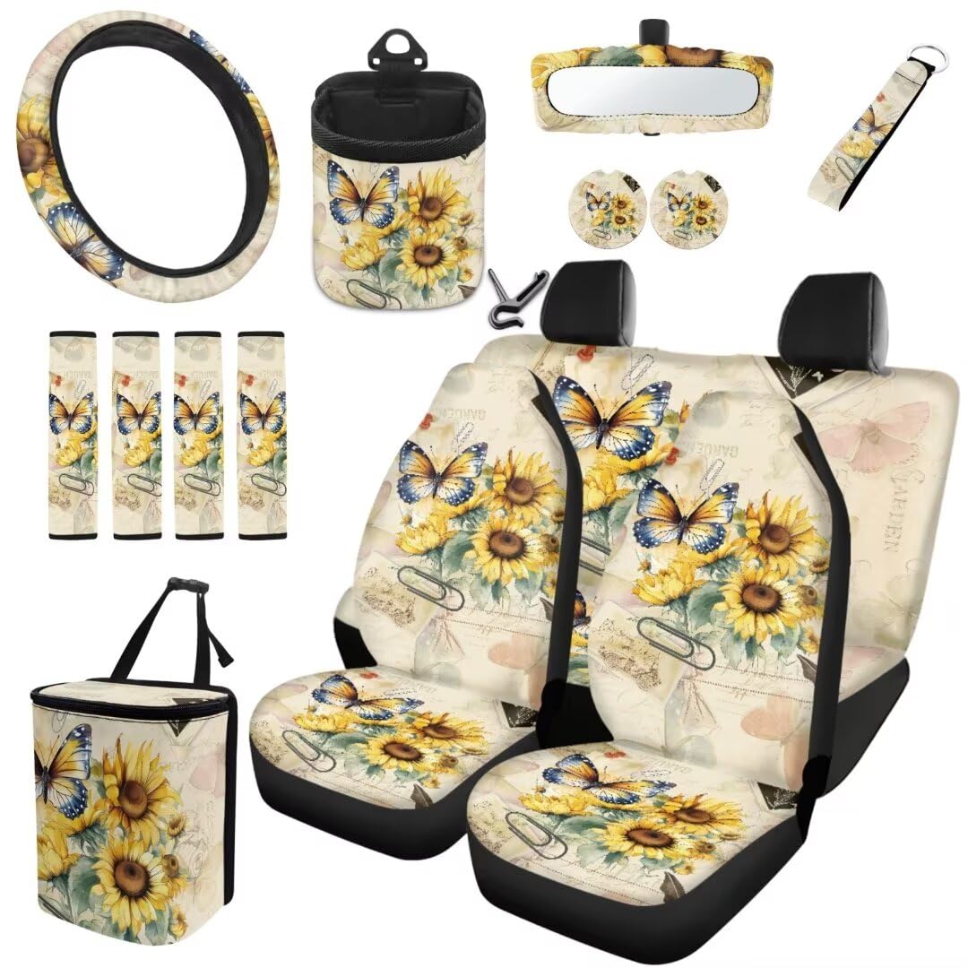 TOADDMOS Gelbe Sonnenblume Schmetterling Auto Satteldecke Sitzbezüge Set mit Lenkradabdeckungen Sicherheitsgurt Pads Mülleimer Air Vent Bag Auto Cup Halter Einsatz Untersetzer,15 Stück Set von TOADDMOS