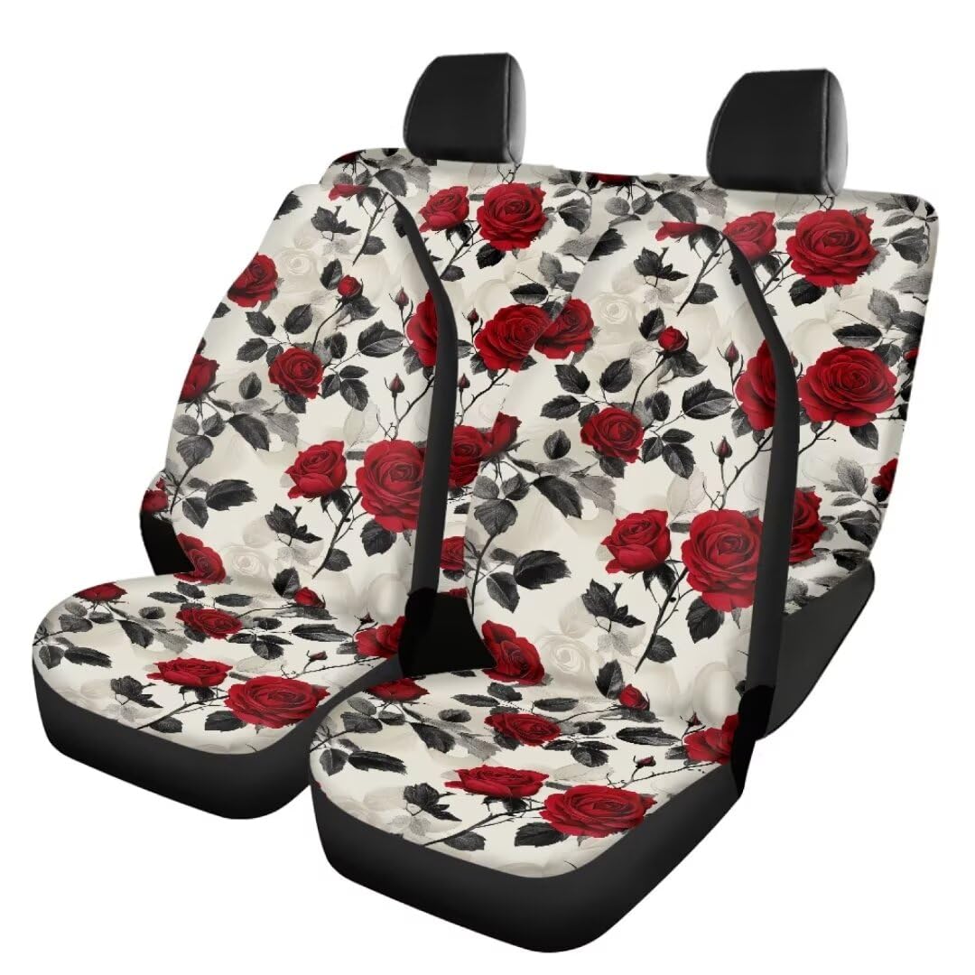 TOADDMOS Goth Rose Autositzbezüge 4pcs Set Vordersitzbezüge für Autos mit Split Hinterbank Rücksitzbezug Full Wrapping Edge Satteldecke Sitzbezüge Fit für Frauen Nette Mädchen Sedans, Autos, Vans von TOADDMOS