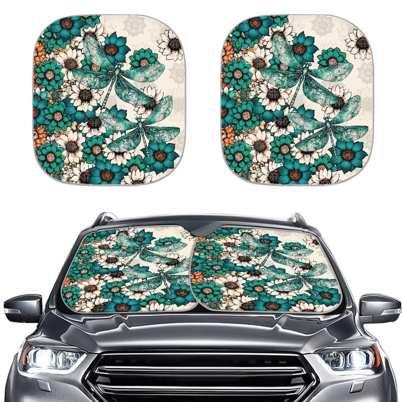 TOADDMOS Green Dragonfly Auto Sonnenschutz Boho Floral Blossom Universal Sonnenblende Blocking Sonnenschutz Abdeckung für kühle Innenräume,2-teiliges Set von TOADDMOS