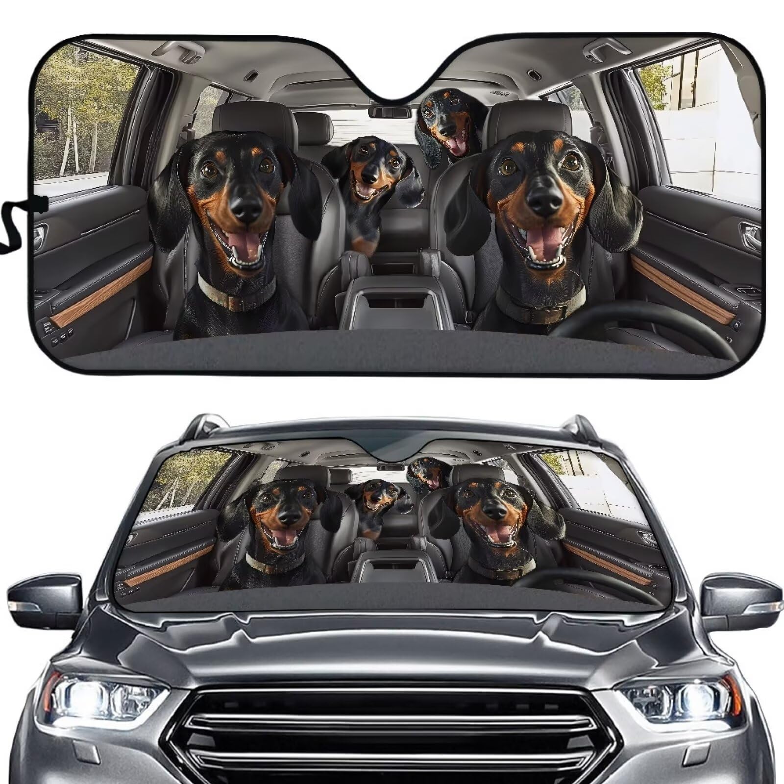 TOADDMOS Happy Dachshund Falten Auto Sonnenschutz für Frontfenster Blocker Schirm Schutzabdeckung Universal Sonnenschutz für Frontfenster Blocks UV Strahlen von TOADDMOS