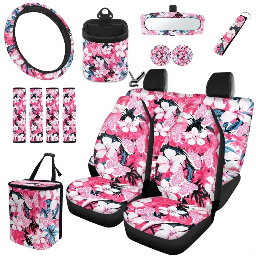 TOADDMOS Hawaii Automotive Universal Sitzbezüge Set von 15 Pink Hibiskus Schmetterling Lenkrad Schutz Air Vent Aufhängestasche Matte Untersetzer Müller Tasche Handgelenk Schlüsselanhänger von TOADDMOS