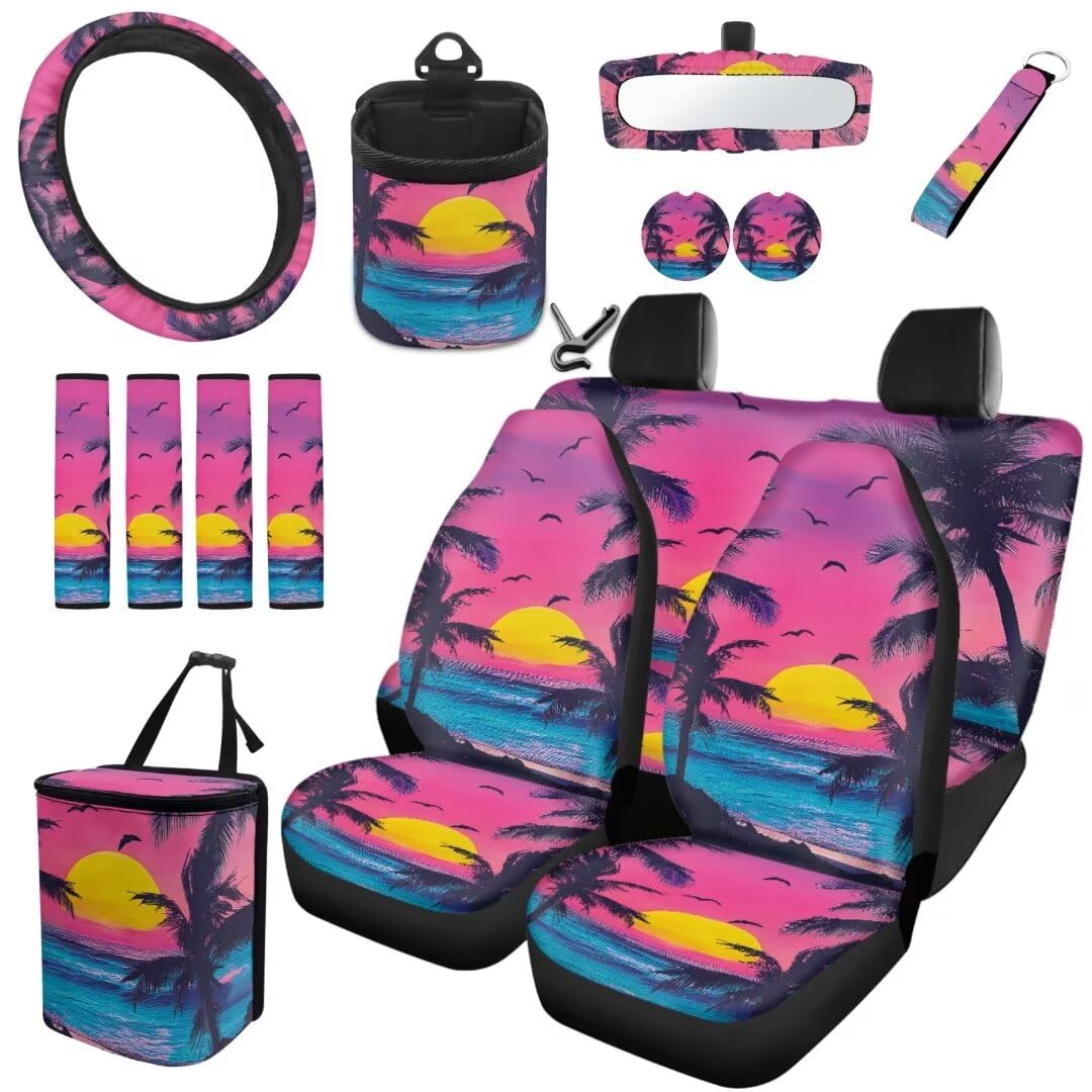 TOADDMOS Hawaii Beach Sunset Automobil Fahrzeug Innenabdeckung Satz von 15 Sicherheitsgurt Pads Kokospalme Auto Cup Mat Lenkradabdeckung Air Vent Aufhängestasche Schlüsselanhänger von TOADDMOS