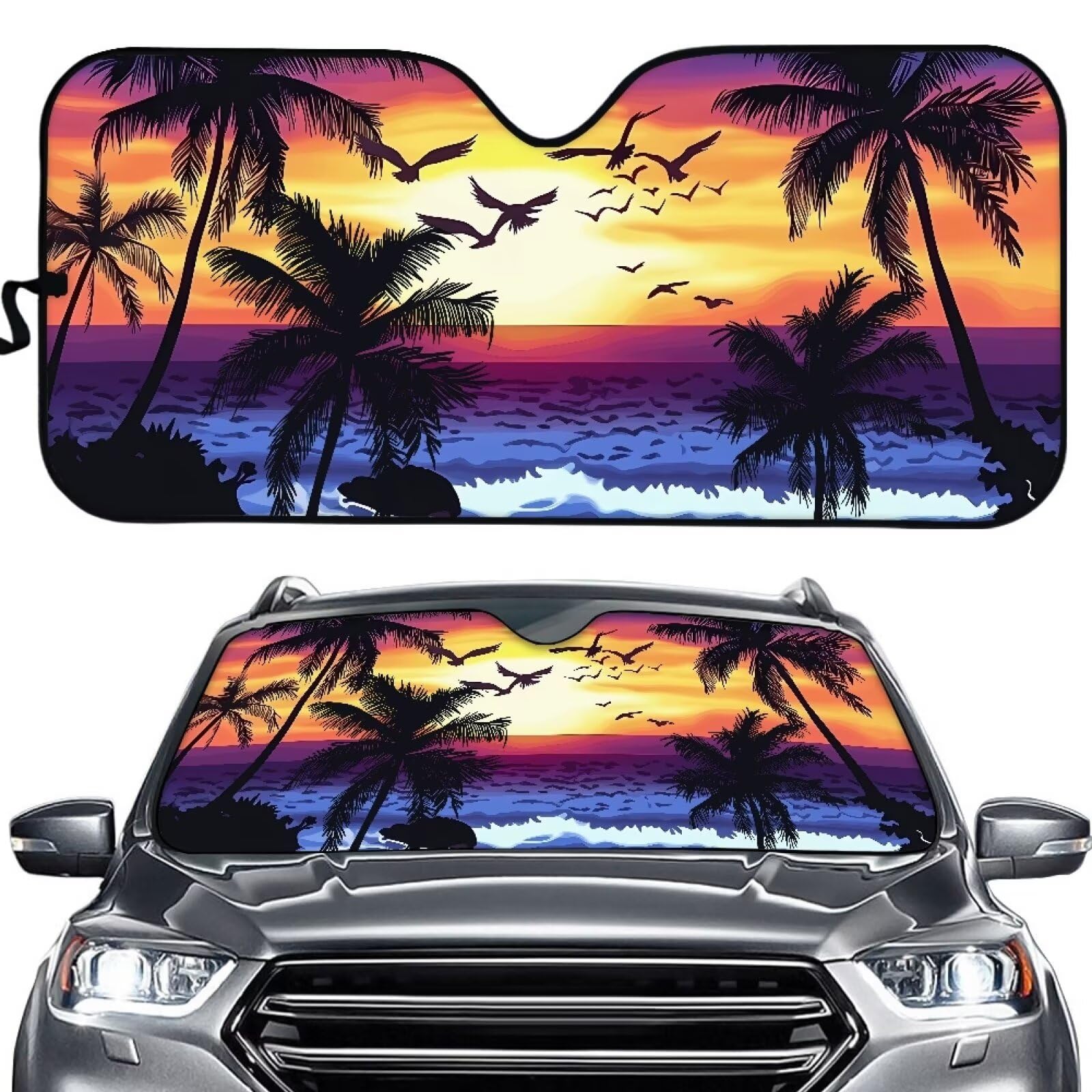 TOADDMOS Hawaii Sommer Sonnenuntergang Auto Windschutzscheibe Sonnenschutz Strand Palmen Sonnenschutz Visier Universal Schild Schatten Auto Innenraum Zubehör für Sonnenwärme von TOADDMOS