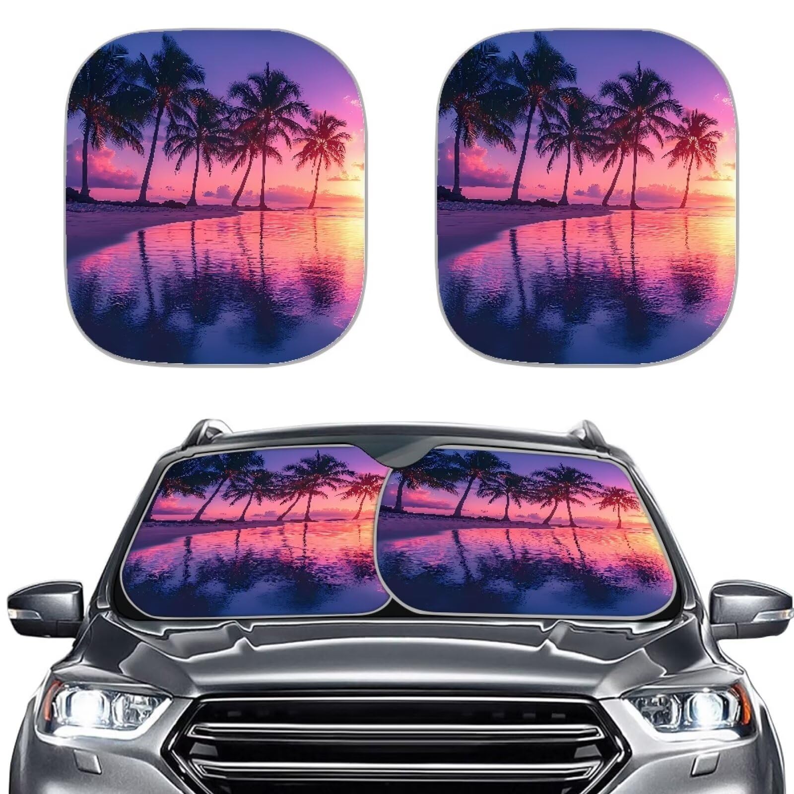 TOADDMOS Hawaii Sonnenuntergang Auto Frontfenster Sonnenschirme Kokosnuss Baum Auto Fenster Schirm Auto Sonnenschutz, Auto Zubehör für Hitze, 2-teiliges Set von TOADDMOS