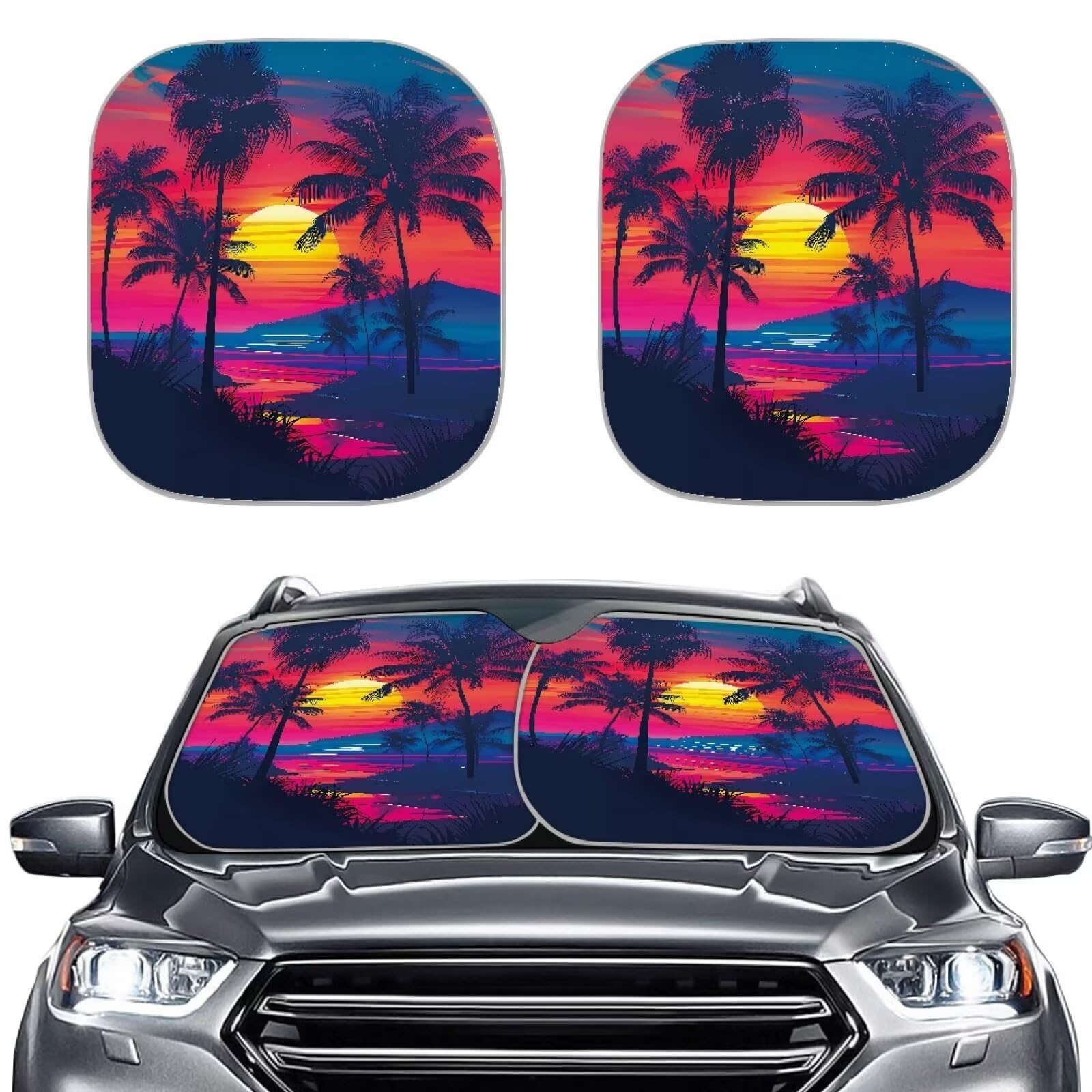 TOADDMOS Hawaii Sonnenuntergang Automobil Windschutzscheibe Abdeckung Pack von 2 Beach Palms UV Strahlen Reflektor Schatten Auto Sonnenschutz für Auto LKW SUV Limousine von TOADDMOS