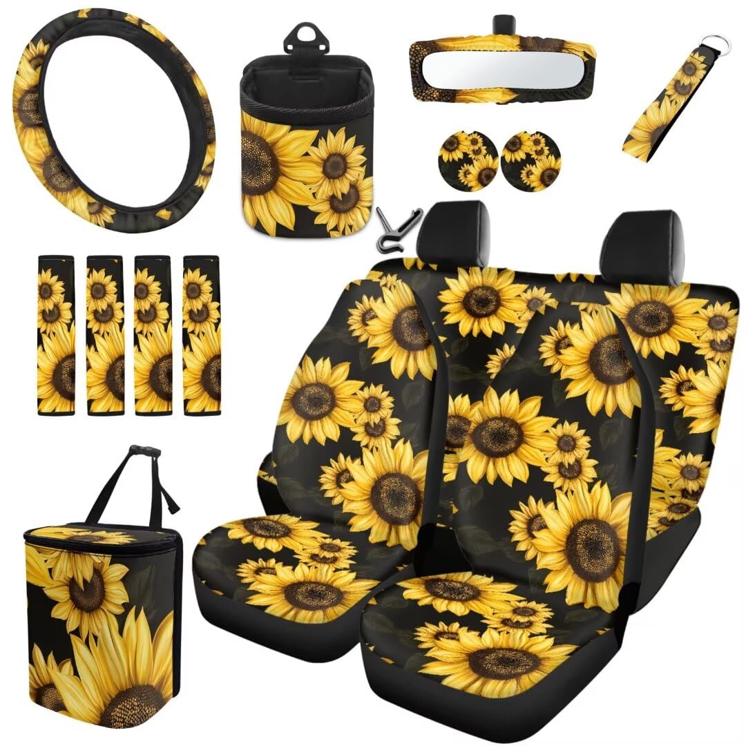 TOADDMOS Hellgelbe Sonnenblume Auto Innenraum Sitzbezug Set von 15 Sicherheitsgurt Gurt Pads Air Vent Speicher Halter Auto Lenkrad Abdeckung Auto Müll Tasche Untersetzer Schlüsselanhänger von TOADDMOS