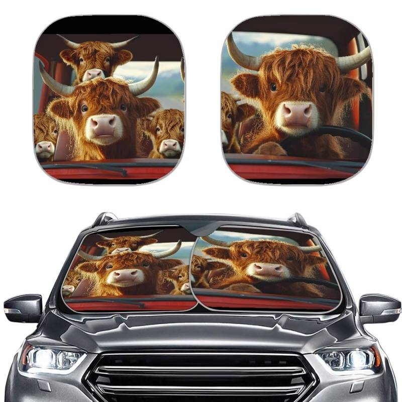 TOADDMOS Highland Kuh Fahrer Sonnenschutz für Auto Front Fenster,2 Pack,Reflektierende Auto Schirm Auto Windschutzscheibe Sonnenschutz Schutz für Kühle Innenräume von TOADDMOS