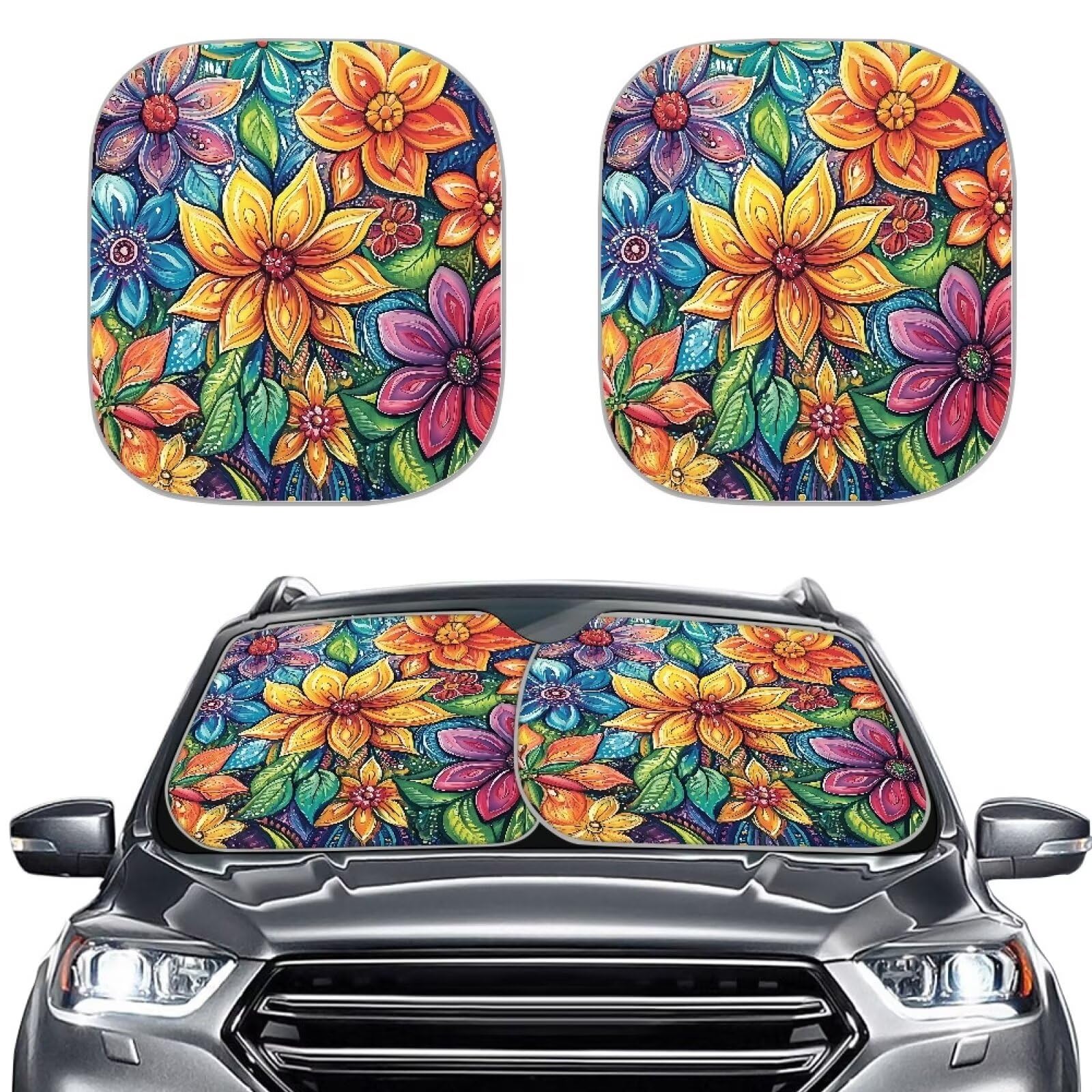 TOADDMOS Hippie Sonnenschutz für Auto Front Fenster Blumenblumen UV Strahlen Reflektor Shade Set von 2 Auto Fenster Schirm Faltbarer Sonnenschutz, der Ihr Fahrzeug kühl hält von TOADDMOS