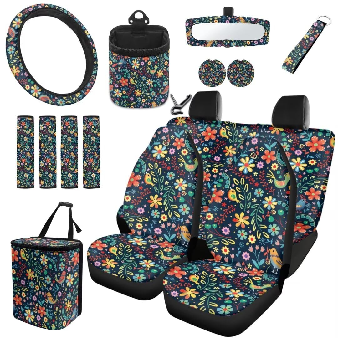 TOADDMOS Hippie Stil Autositz Protektoren Full Set Vögel Floral Blumen Gürtel Pads Hängen Mülleimer Auto Untersetzer Schlüsselanhänger Auto Lenkrad Abdeckung Air Vent Aufhängestasche, Pack von 15 von TOADDMOS